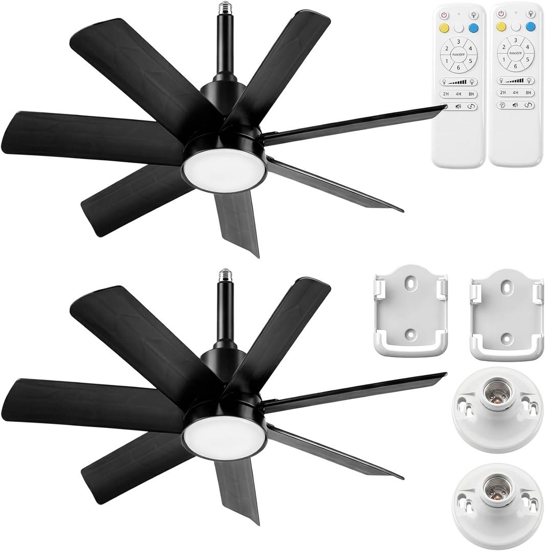 NWOP 28 Inch Socket Fan Light with Remote Control, Screw in E26/E27 Ceiling Fan with LED Light, 3000-6000K Adjustable Color Temp, 6 Speeds, Timer, for Bedroom Kitchen Living Room Garage, 2-Black