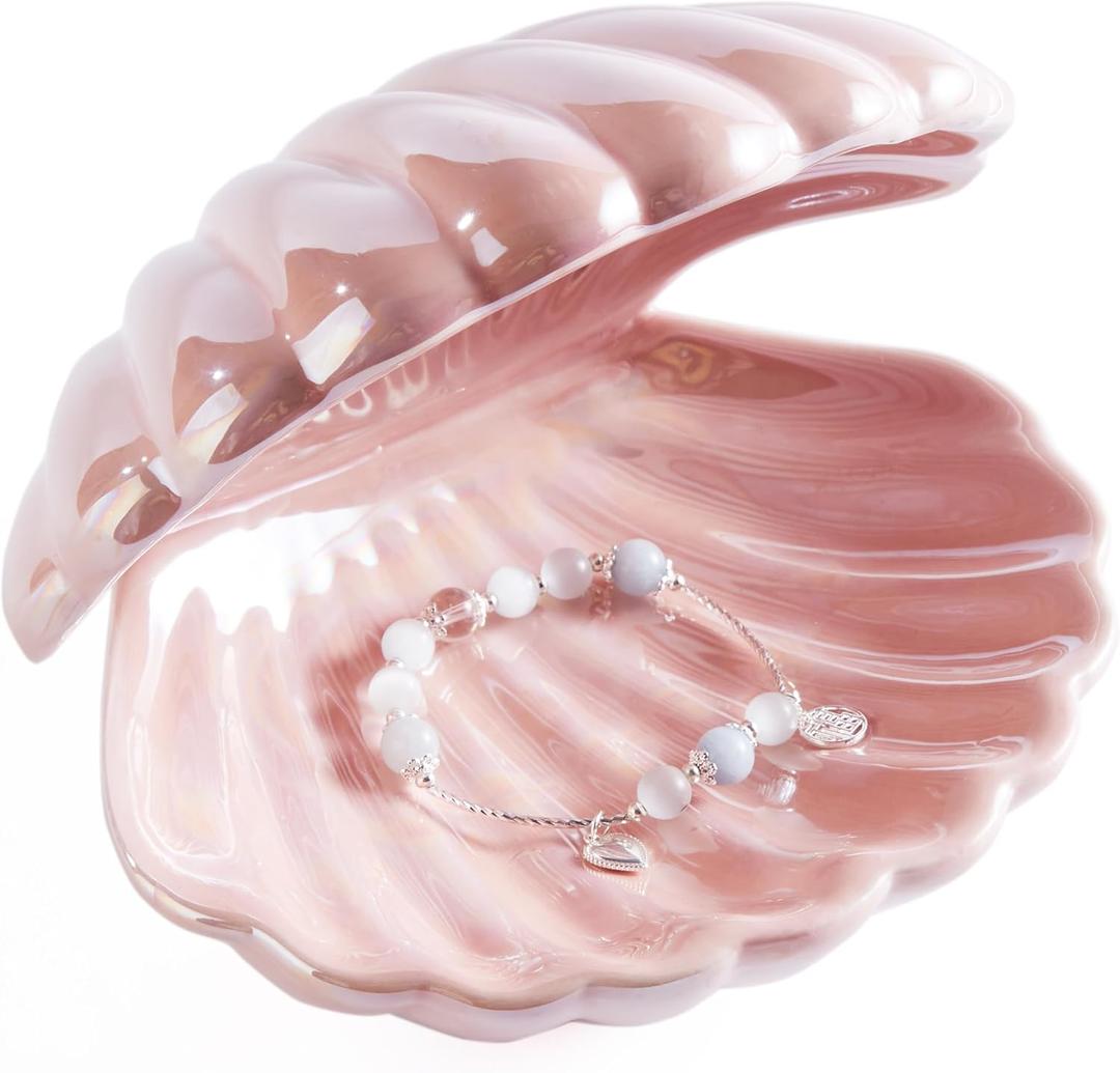 Denique Shell Jewelry Dish Tray, Ceramic Trinket Tray Clamshell Jewelry Storage Dish, Ring Holder Dish Key Bowl, Decorative Jewelry Plate, Cute Jewelry Organizer for Room Decor (Pink)