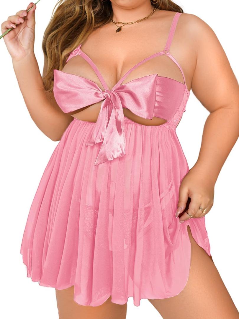 Kaei&Shi Unwrap Me Ribbon, Split Back, Flowy Gifts, 2PC 20 Plus Size Lingerie (Pink)