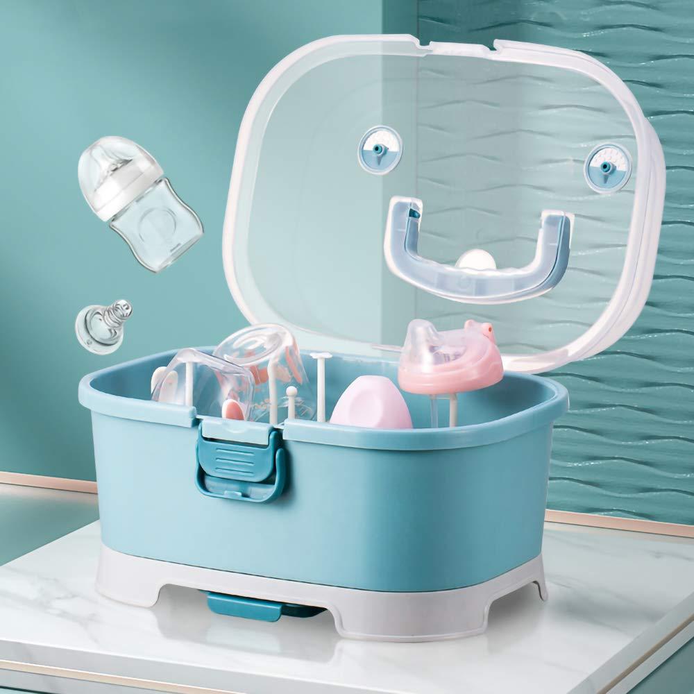 Baby Bottle Drying Rack Storage, Large Nursing Bottle Storage Box Organizer with Cover, Portable Kitchen Cabinet Organizer, Durable countertop Dryer (Blue)