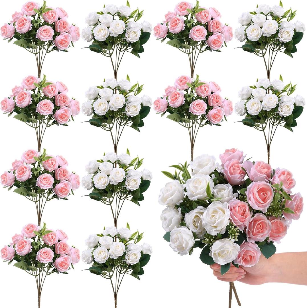 Zeyune 12 Bunches 12 in Mini Rose Artificial Flower Wedding Table Centerpieces Artificial Silk Roses Flower 120 Heads White and Pink Fake Bouquet for Bridal Shower Party Decoration