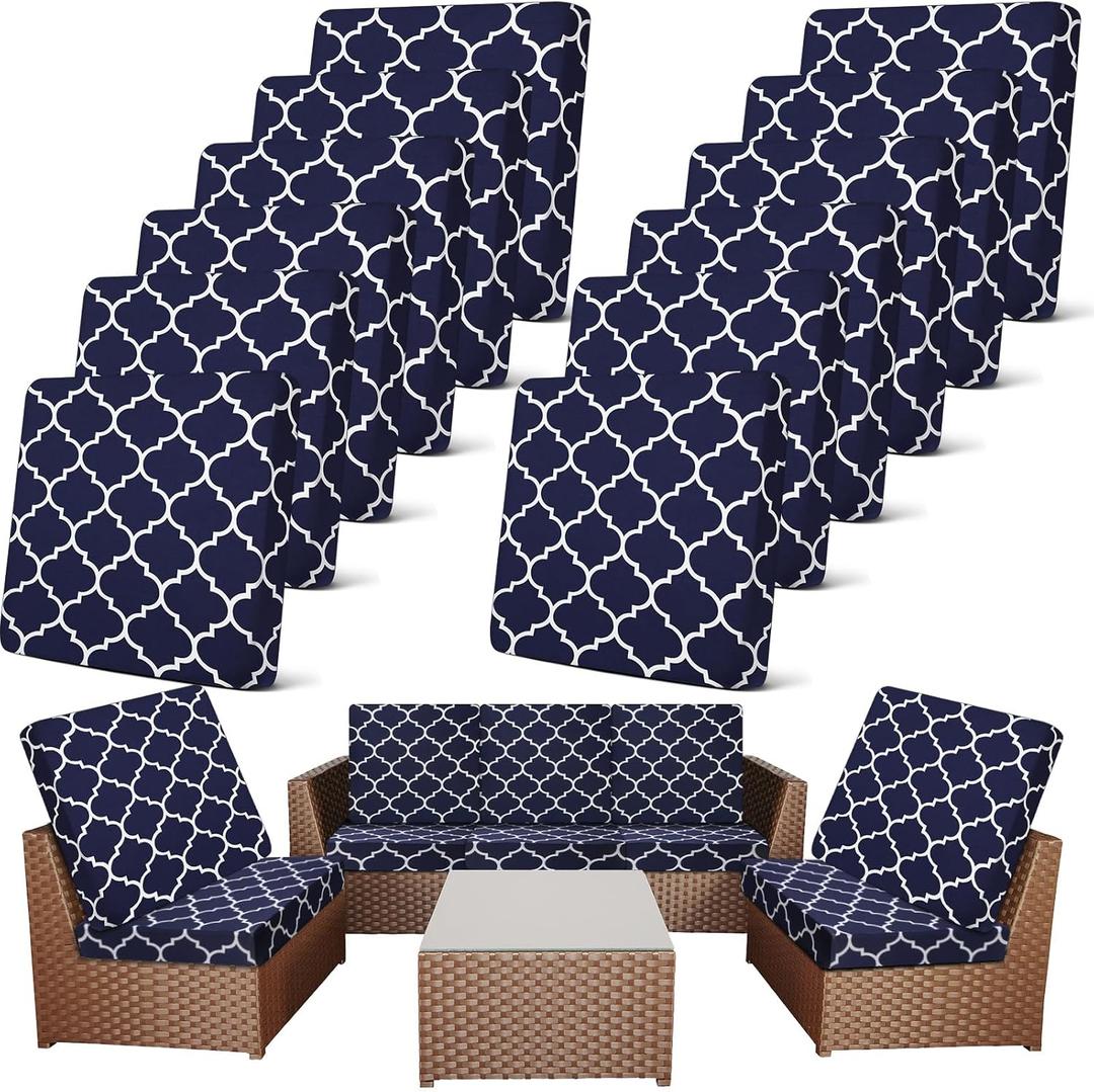 Newwiee 12 Pcs Patio Stretch Outdoor Cushion Covers Sofa Couch Covers Replacement Couch Slipcover for Sofa Seat Chair Porch Patio Furniture Protector, Flexibility and Washable(Moroccan,Navy Blue)
