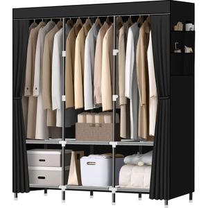 LOKEME Wardrobe Closet, Portable Closet for Bedroom Steel Pipe Diameter 19mm Strong and Sturdy Black Portable Closets for Hanging Clothes with 3 Hanging rods, 6 Storage Shelves and Side Pockets