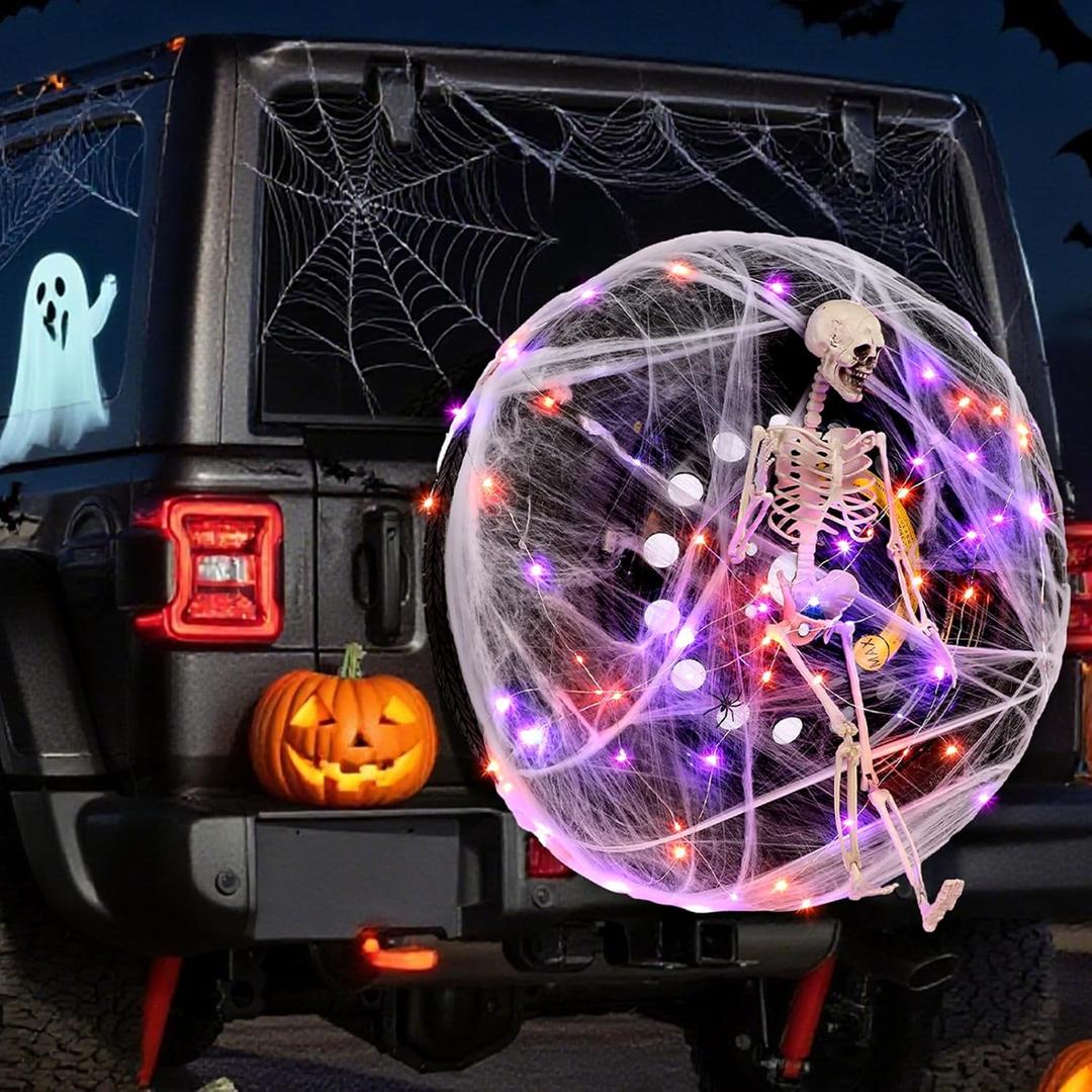 Halloween Skeleton Spare Tire Decoration Trunk or Treat Car Decorations Kit Exterior Compatible with Trailer Rv SUV, 28'' Full Body Skeleton Spider Web 33 ft LED Purple String Light