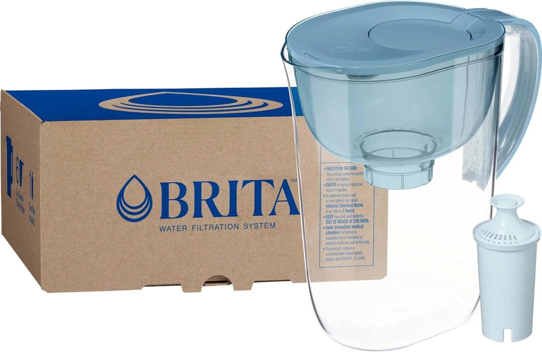 Brita 10 Cup Water Filter Pitcher, Reduces Chlorine, Mercury, Cadmium, Copper and More, Includes 1 Brita Plus Filter, BPA Free, Stone Blue