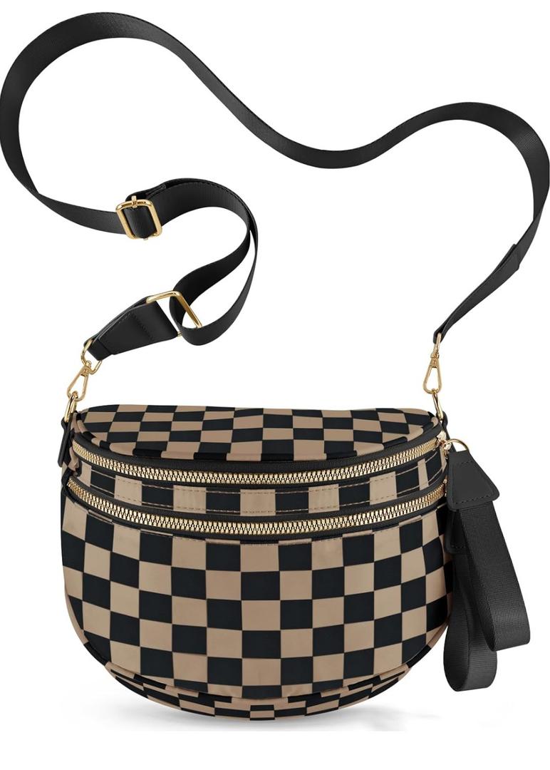 Checkered Crossbody Bags for Women, Large Nylon Bum Bags Plus Size Fanny Pack Sling Bag Belt Bag for Women Travel, Khaki Black Checkered