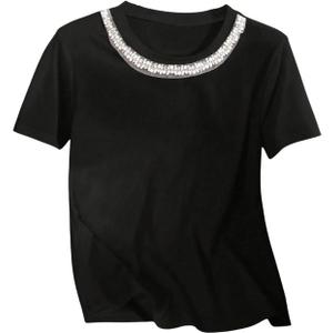 GORGLITTER Women's Pearl Beaded Top Dressy Short Sleeve T Shirts Crew Neck Summer Causal Tee Tops Trendy (Black, M)