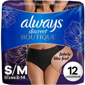 Always Discreet Boutique Incontinence and Postpartum Underwear for Women, Maximum Protection, Small/Medium, Black, 12 Count