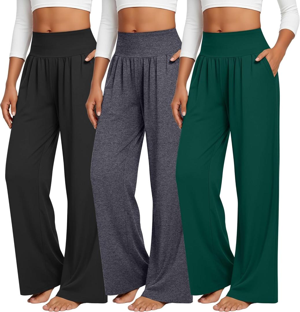 Neer 3 Pack Women's Wide Leg Yoga Pants Comfy Lounge Pants with Pockets Baggy Elastic Waist Joggers Ladies Open Bottom (S)