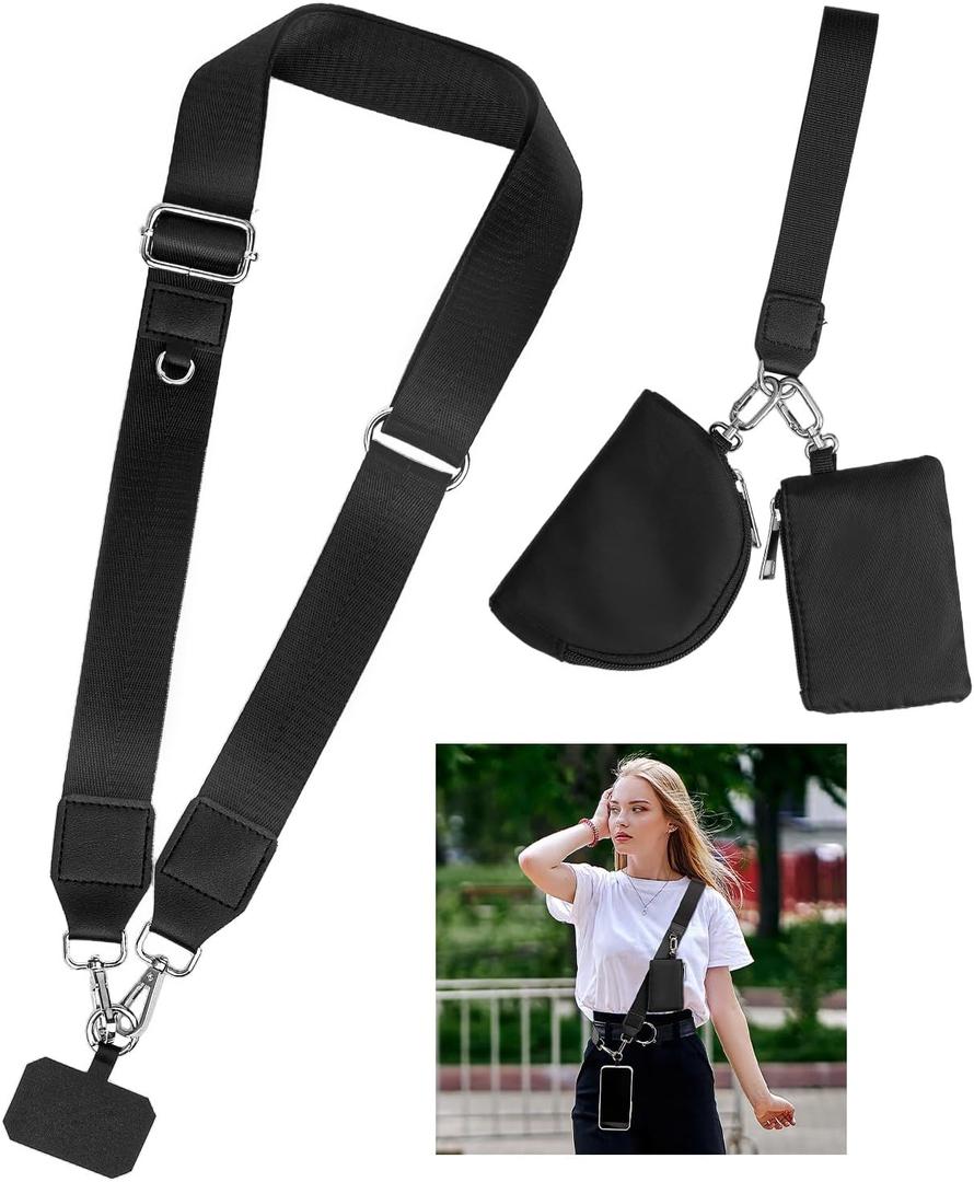 Clip and Go Phone Strap Crossbody with Zipper Wallet, 2 Pcs-Crossbody Lanyard & Wrist Strap-1 Pad, 2 Wallets, Save Girls Phone Strap with Pouch, Universal Lanyard Cellphone Holder (Black), Small