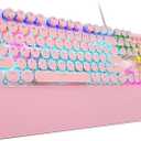 AULA F2088 Typewriter Mechanical Keyboard, Pink Retro Wired Gaming Keyboard with Blue Switches, Rainbow Backlit, Round Keycaps, Media Knob & Removable Wrist Rest Pink