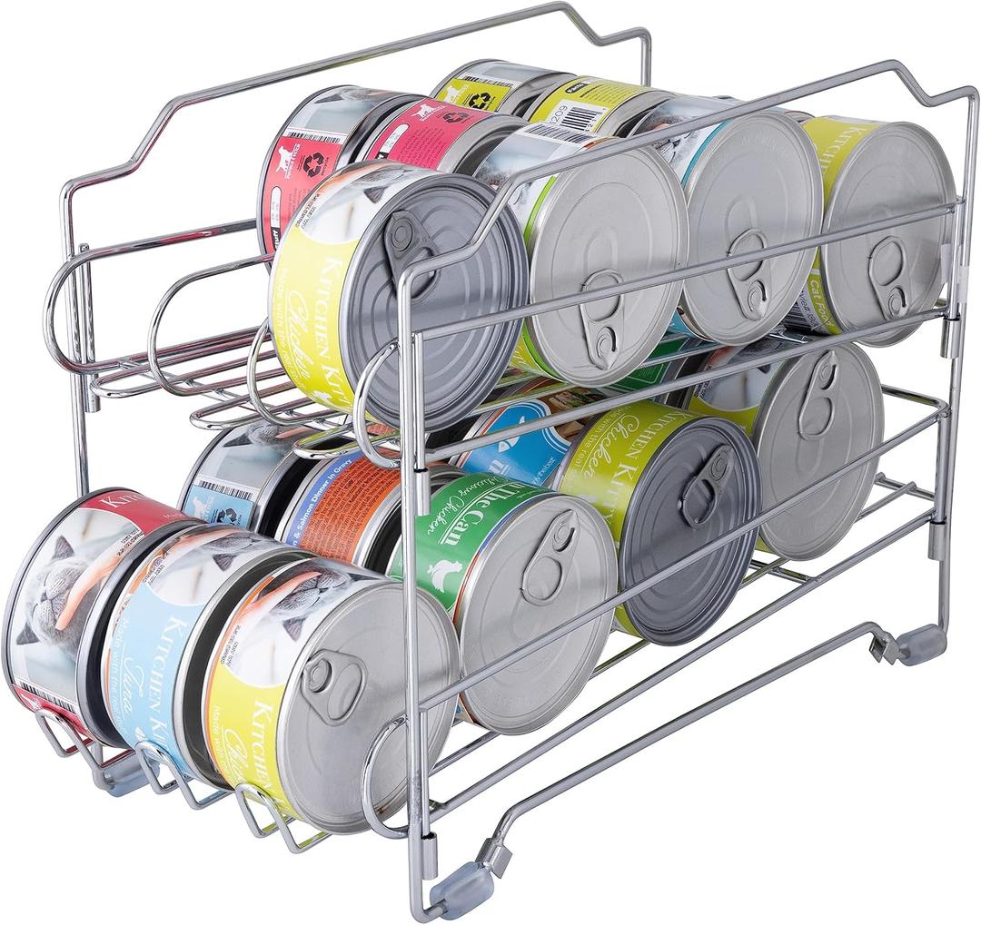 Pet Food Can Dispenser | Holds 24 Cans | Space Saving | Stackable | Cabinet Organizer | Chrome (15.5"x 5.5"x 10")