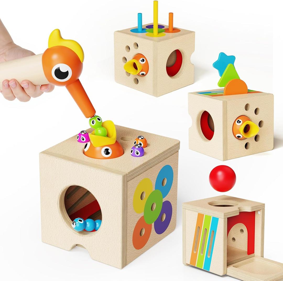5-in-1 Wooden Activity Cube, Toddlers Montessori Toys for Baby Boys Girls, Baby Activity Center for 2+ Year Old, Woodpecker Worm Toy Magnetic Bird Feeding Game, Educational Color & Shape Sorting Toy