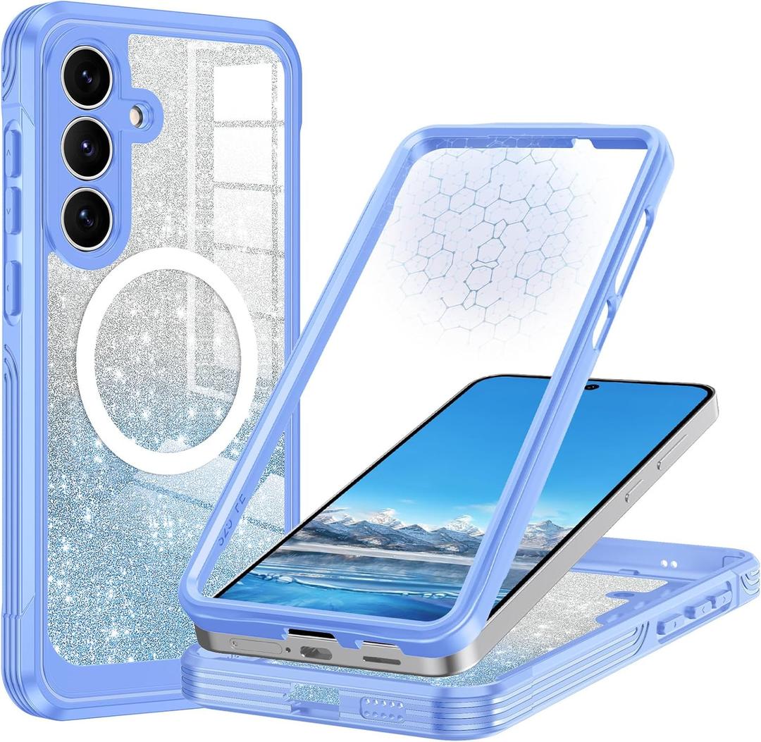 Hekodonk for Galaxy S25 FE Case Glitter,Compatible with MagSafe[Built-in Tempered Glass Screen Protector & Camera Lens Protection] Full Body Shockproof Protective Bling Phone Case,Blue