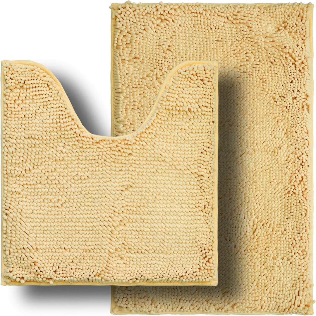 Bathroom Rugs Sets 2 Piece, Ultra Soft Absorbent Bath mat Chenille Bathroom Rug, Antiskid Bath mats Washable Bathroom mat (20x32 inch + 20x20inch UShaped) Beige