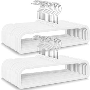 50 Pack Velvet Hangers Non Slip, Felt Pants Hangers Thin Space Saving Clothes Hanger Flocked Strong Durable Ganchos para Colgar Ropa with 360Swivel Hook for Pants Jeans Shorts Tank Top, Linen White