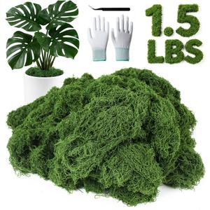 MGLIFEUL 1.5 LBS Artificial Fake Moss for Crafts Plants Indoor with Non-Stick Gloves and Tweezers，Preserved Green Plant Faux Craft Moss Musgo for Fairy Garden Outdoor Home Decorating Model Making