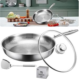 Platefull Titanium Pan, 2026 New Titanium Pro Pan, 12" PURE TItanium Non-Stick Pans with Titaniums Pans Lid and Titaniums Spatula, TITanium Hammered Frying PAN for All Stovetops (10.23in/26cm)