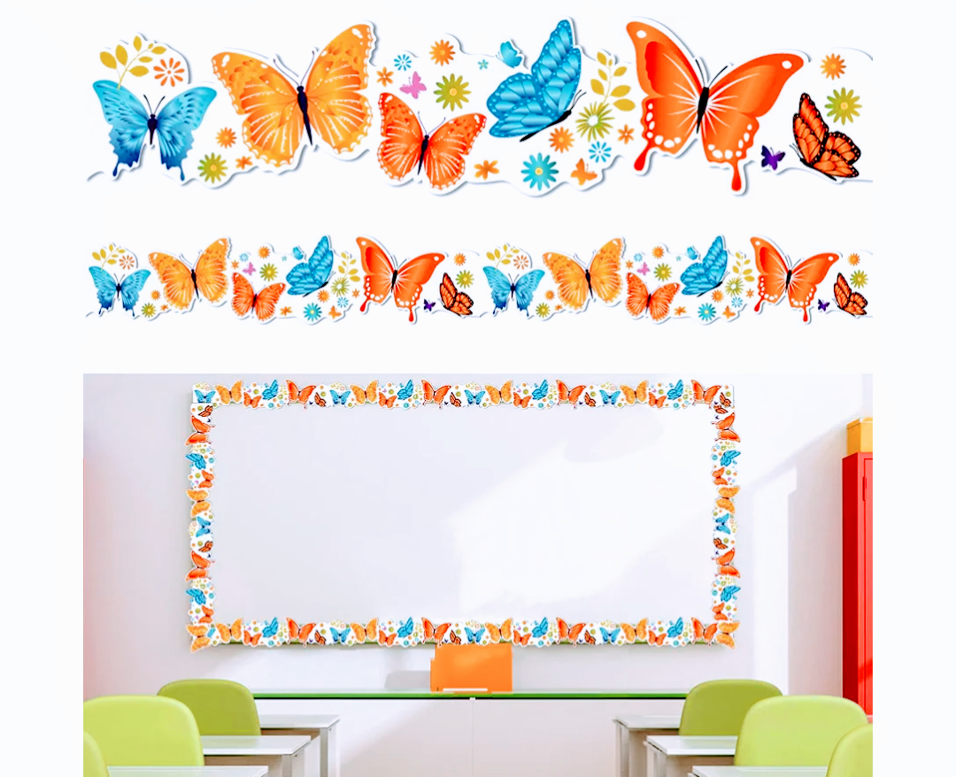 Juome Butterfly Bulletin Board Borders, 63ft Border Trim for School Bulletin Boards, Classroom Decor, Desks, Locker Displays, Wall Decals Border, Home Decorations Juome Butterfly Bulletin Board Borders, 63ft Border Trim for School Bulletin Boards, Classroom Decor, Desks, Locker Displays, Wall Decals Border, Home Decorations