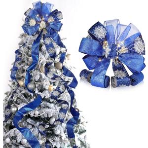 Large Christmas Tree Topper Bow 12.6 X 118 inch Lighted up Christmas Bow with 4 X 3 Yards Ribbon Streamers for Xmas Christmas Tree Decor(Blue)