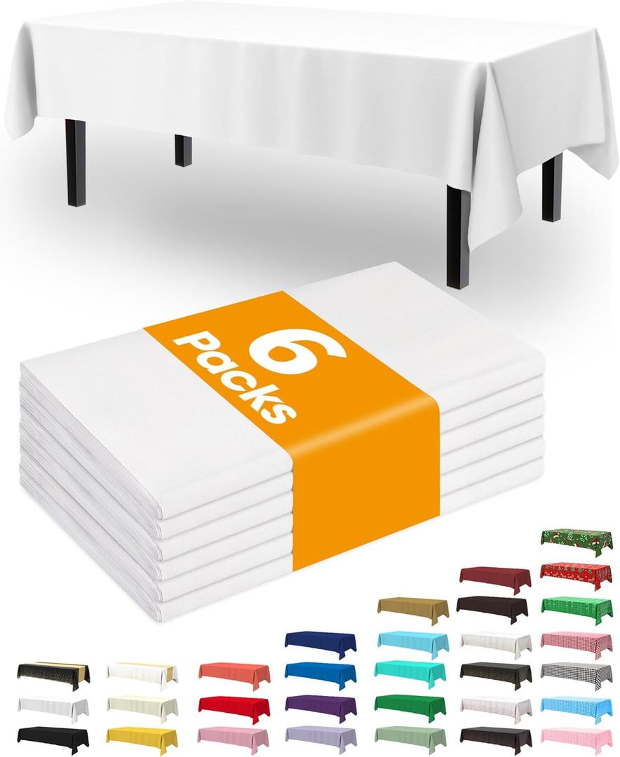 Pureegg Plastic Table Cloth Disposable 6 Pack, 54 x 108 Inch Table Cloths, Party, Picnic, Wedding, Decorative Tablecloths, Rectangle, White Plastic Cover, Waterproof, White