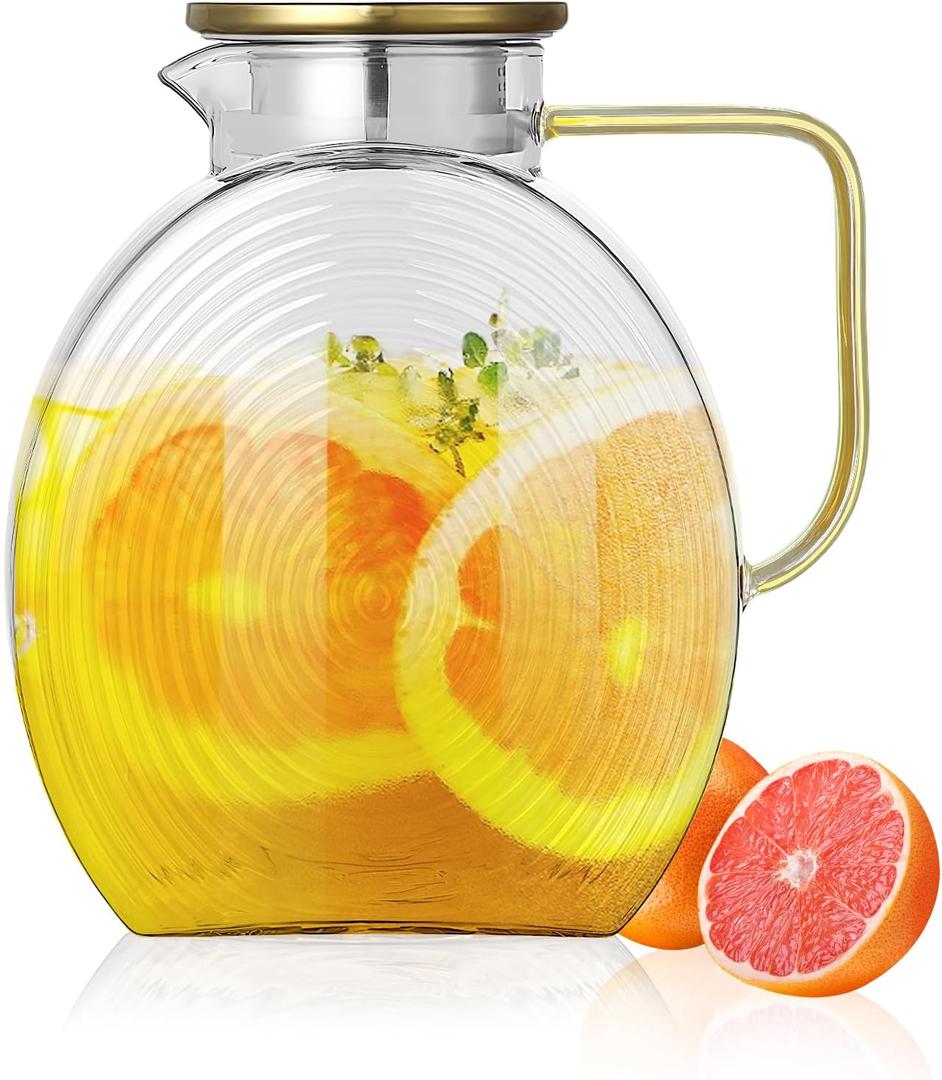 Glass Pitcher with Lids for Fridge Door, 2.5l/84oz Large Iced Tea Pitcher with Handle, Borosilicate Water Jug (Clear)