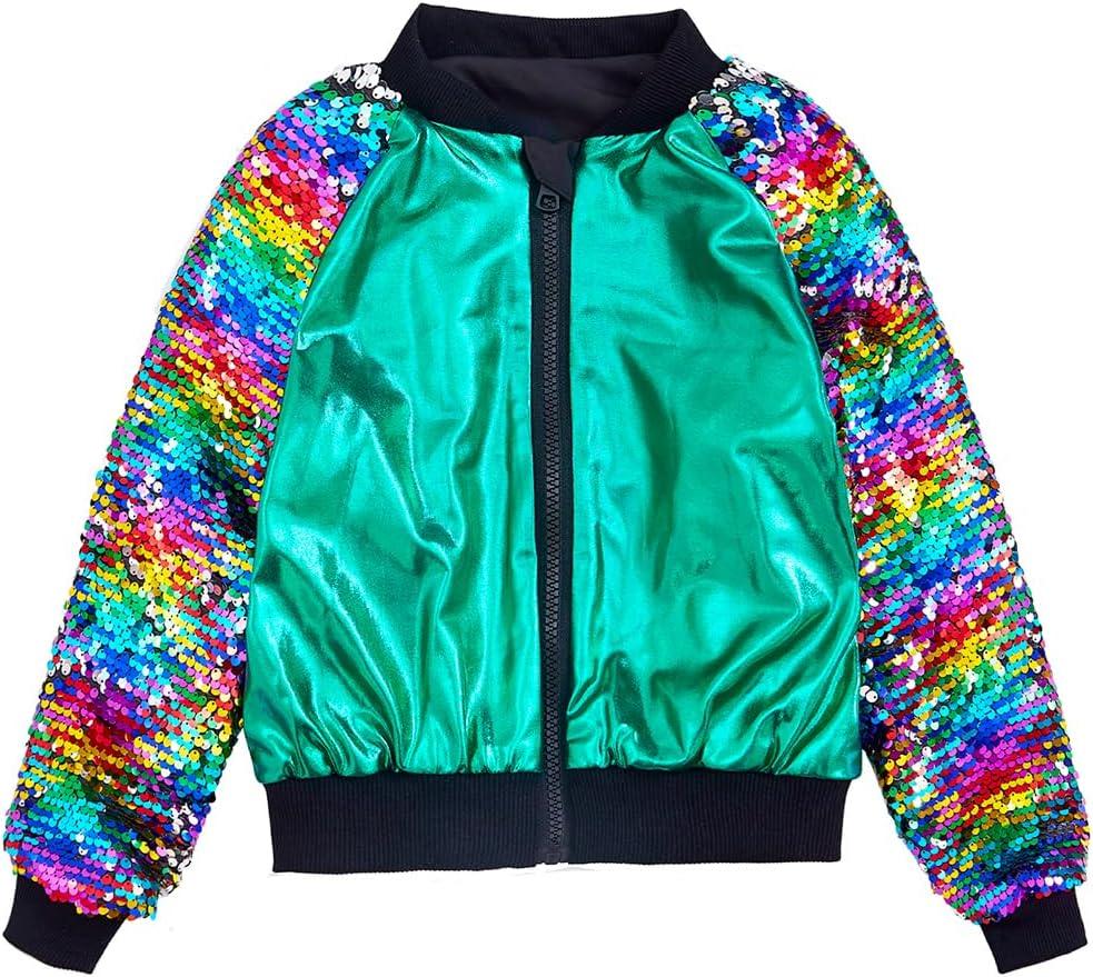 Girls Flip Sequin Jackets Kids Rainbow Sparkle Outwear Toddler Boys Glitter Sleeve Shiny Metallic Coat Birthday (Green, XXXL)