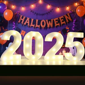 2025 Number Sign, 2025 Marquee Light Up Numbers for Halloween Decorations, Battery Operated Number Lights 2025 Party Supplies for Halloween Christmas Party Table Decor-White