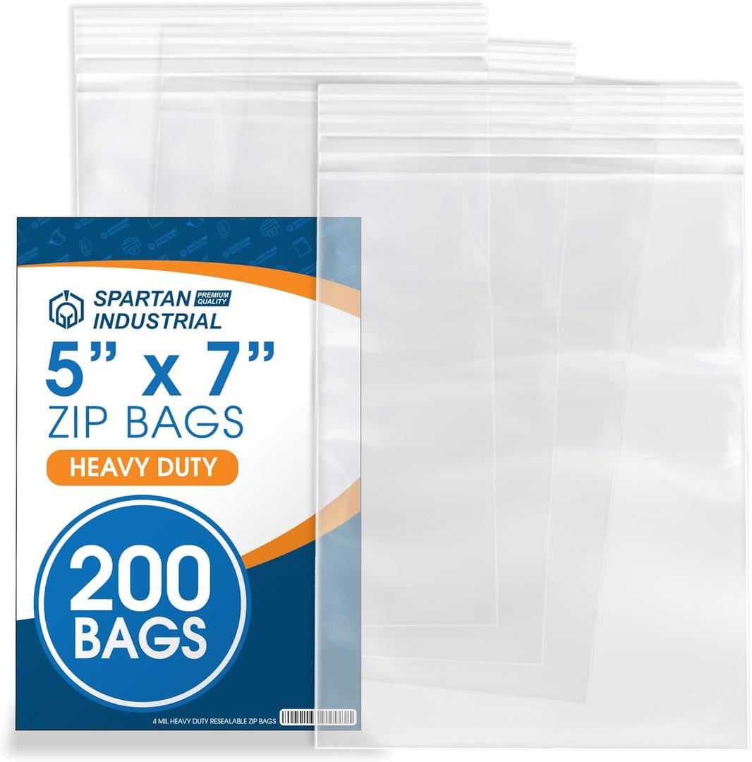 Spartan Industrial - 200 Count - 5 X 7 (4 Mil Heavy Duty) Thick Durable Clear Plastic Reclosable Zip Poly Bags with Resealable Lock Seal Zipper Spartan Industrial - 200 Count - 5 X 7 (4 Mil Heavy Duty) Thick Durable Clear Plastic Reclosable Zip Poly Bags with Resealable Lock Seal Zipper