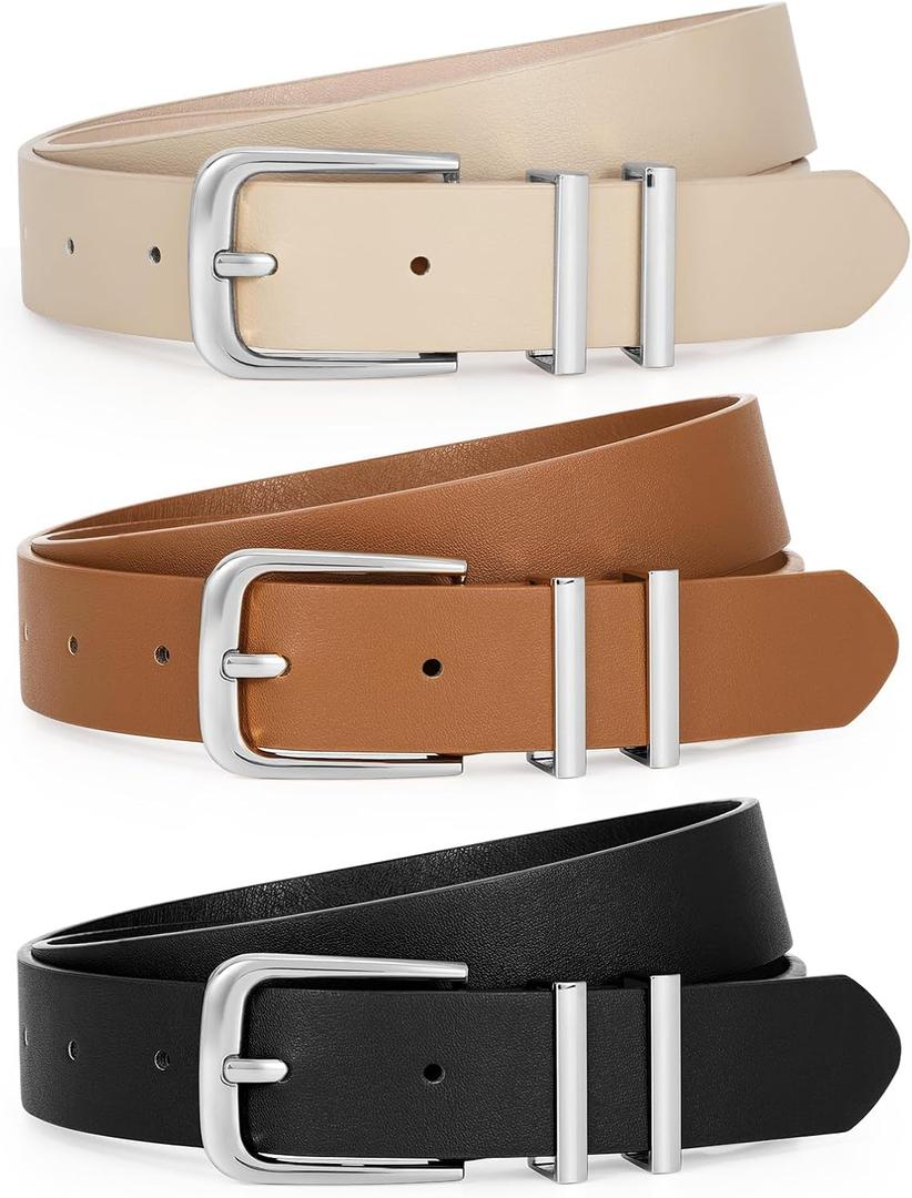 LEACOOLKEY 3 Pack Women's Leather Belts for Jeans Dress Pants Fashion Ladies Leather Belts with Gold Buckle (B-black+brown+beige)