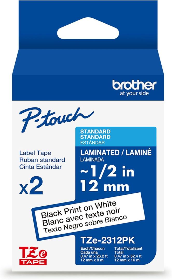 Brother Genuine TZe231-1/2 2PK Black Print on White Label Tape. Each: 0.47 in x 26.2 ft (12 mm x 8 m) Total: 0.47 in x 52.4 ft (12 mm x 16 m)