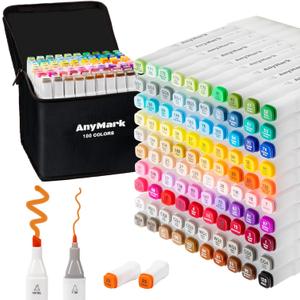 AnyMark Alcohol Markers, 100 Colors Dual Tip Art Coloring Markers Set for Kids Adult Book Drawing Sketching Painting, Chisel & Fine, White Penholder AnyMark Alcohol Markers, 100 Colors Dual Tip Art Coloring Markers Set for Kids Adult Book Drawing Sketching Painting, Chisel & Fine, White Penholder