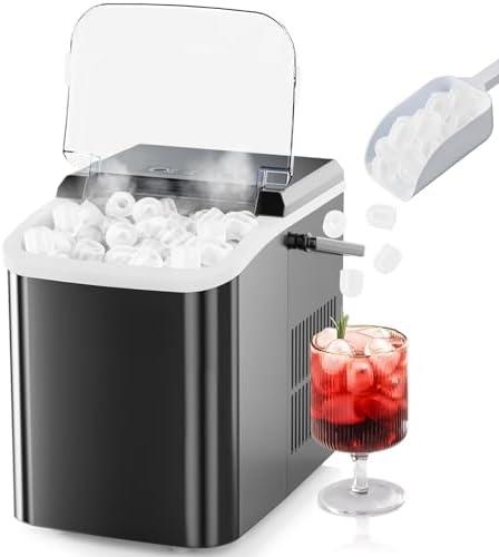 Sweetcrispy Countertop Ice Maker with Scoop, Basket and Handle, 9 Ice Cubes Machine Ready in 6 Mins, 26.5lbs in 24Hrs, 2 Sizes for Home Kitchen Office Bar Party(Black)