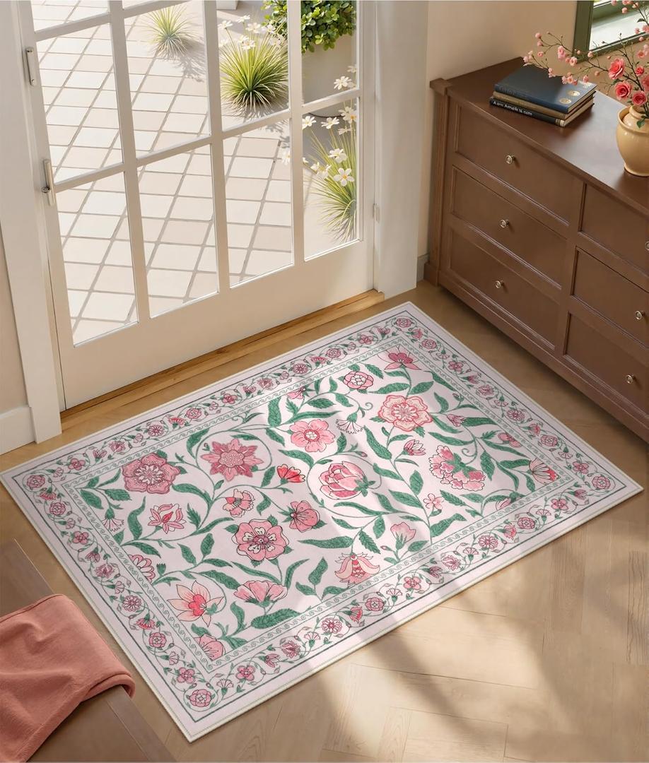 Collive Washable Entryway Rugs 2 x 3, Pink Spring Floral Rug Vintage Boho Kitchen Mats Non Slip, Soft Cute Modern Girly Indoor Mat Ultra-Thin Stain Resistant Carpet for Bathroom, Bedroom, Nursery