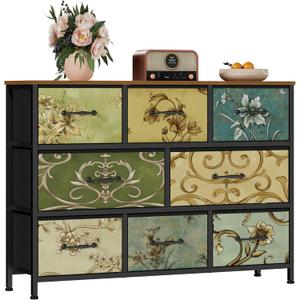 Furnulem 8 Drawer Dresser, Wide Fabric Chest of Drawers, Vintage Furniture for Bedroom, Living Room, Hallway, Closet Clothes Storage, Wooden Top (11.8"D x 39.4"W x 31.5"H (8 Drawers))