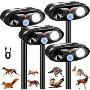 4 Pack Upgraded Solar Animal Repellent Ultrasonic Outdoor for Cats, Raccoons,Squirrels,Rabbits &Foxes,Sonic Deer Repellent Devices Waterproof with Motion Sensor& Flashing Animal Deterrent for Garden