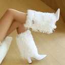 Women Fold Over Faux Fur Mid Calf Boots Chunky Heel Point Toe Shark Boot Fashion Pull On Short Booties with Padlock, US8.5
