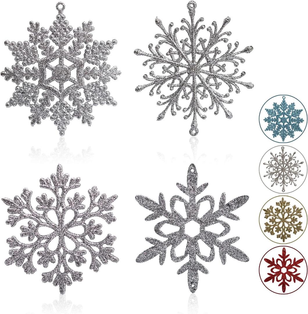 Glitter Snowflake Ornaments, 40pcs Silver Christmas Snowflake Ornaments Hanging Decorations Set of 4 for Xmas Tree Gift for Holiday and Party