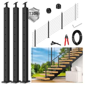 36" Modular 8-12FT Black T304 Stair Cable Railing Post Kit, Cable Railing System with 3 Stair Posts, 134ft 1/8" Wire Rope(No Handrail), Adjustable Length Easy DIY for 28-38 Stairway