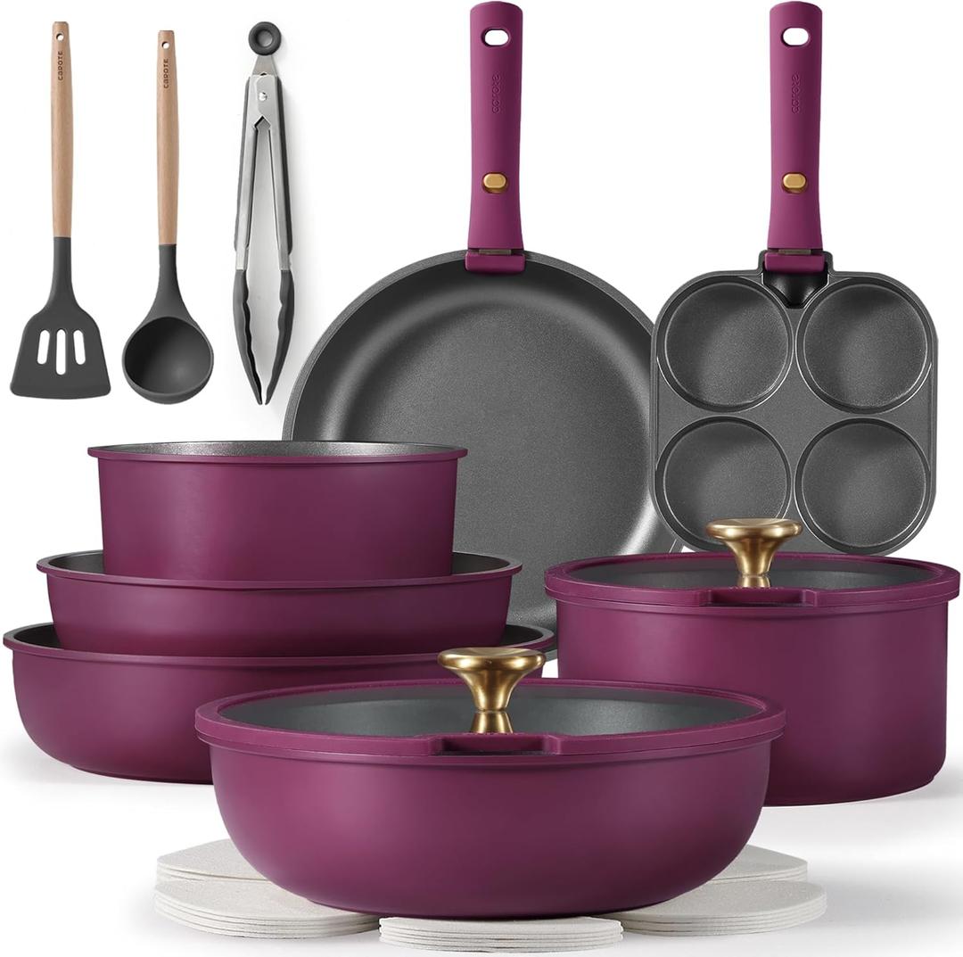 CAROTE 19pcs Pots and Pans Set, Nonstick Cookware Set Detachable Handle, Induction Kitchen Cookware Sets Non Stick with Removable Handle, RV Cookware Set, Gold and Purple (Ultra Violet 19pcs)