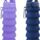 Collapsible Water Bottles Travel water bottle Sports Portable Sport Water Bottle Reusable Water Bottles comes with mountaineering Buckle 500ml silicone Water-proof camping water bottle (Dark blue+purple)