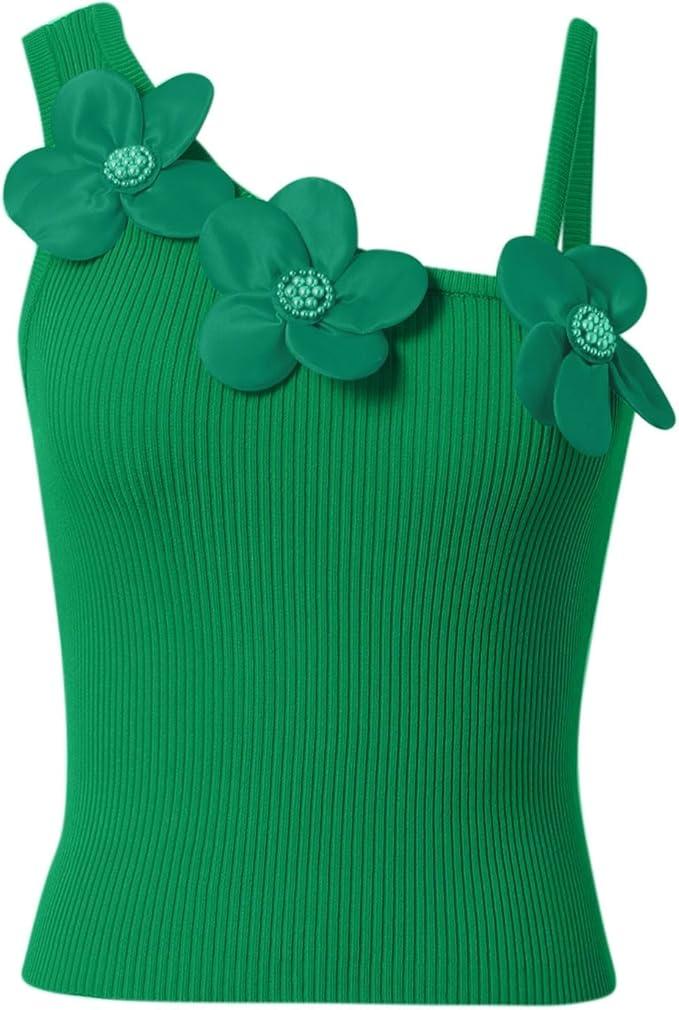 Women's Summer Tank Tops with 3D Floral Beaded Knit Ribbed U-Neck Tank Tops Sleeveless Casual Slim Fit Cami Shirts Size XL