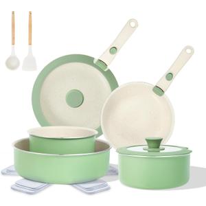 Pots and Pans Set Non Stick, 16pcs Induction Cookware with Detachable Handle, Space Saving Stackable Pot Set, Non Toxic Granite Kitchen Cooking Set, Oven Safe, Sage Green