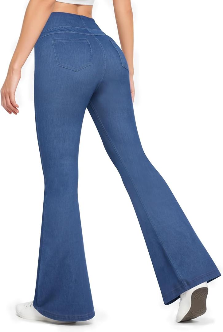 CLOZOZ High Waisted Flare Jeans for Women Stretchy Pull On 70s Bell Bottom Jean Pants Trendy Fashion Fitted Pant with Pockets (Blue, XL)