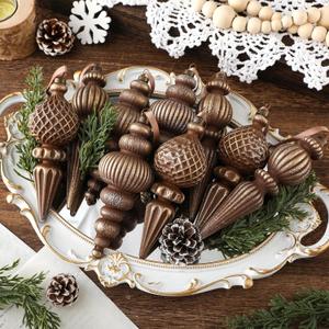 Yunlly 9 Pcs Neutral Christmas Ornaments Textured Christmas Tree Decor with Hanging Loop Modern Brown Hanging Finial Ornaments Shatterproof Home Decor for Xmas Vintage Rustic Farmhouse (Retro Color)