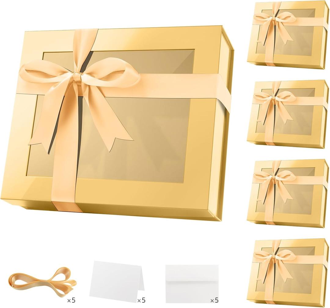 5 Extra Large Gold Gift Boxes with Windows, 16.3x14.2x5 Inches Clear Gift Boxes for Presents Contain Ribbons, Cards, Bridesmaid Proposal Boxes with Magnetic Lids (Glossy Gold)