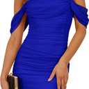 PRETTYGARDEN Cocktail Dresses 2025 Summer Off Shoulder Sexy Bodycon Ruched Mesh Graduation Wedding Guest Mini Short Dress (Large, Bright Blue)