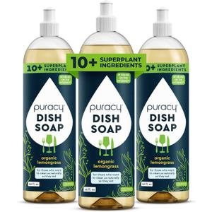 Puracy Natural Dish Soap Packs - Skin-Softening Plant-Based Dishwashing Soap, Non-Toxic Dish Soap, Organic Liquid Dishwashing Detergent Soap (Organic Lemongrass, 16 fl oz, 3 Pack)