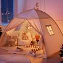 Full Size Bed Tent Canopy: Lights & Flags Indoor Floor Bed Kids Tent Playhouse  Portable & Foldable Twin Bunk Bed Curtains  Large Size Girls & Boys House Bedroom Privacy Space Sleeping Tents Gifts