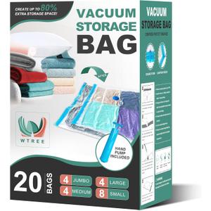 20 Pack Vacuum Storage Bags, Space Saver Bags, Vacuum Sealed Bags for Comforters, Blankets, Clothes Storage, Hand Pump Included (4 Jumbo/4 Large/4 Medium/8 Small) (Clear)